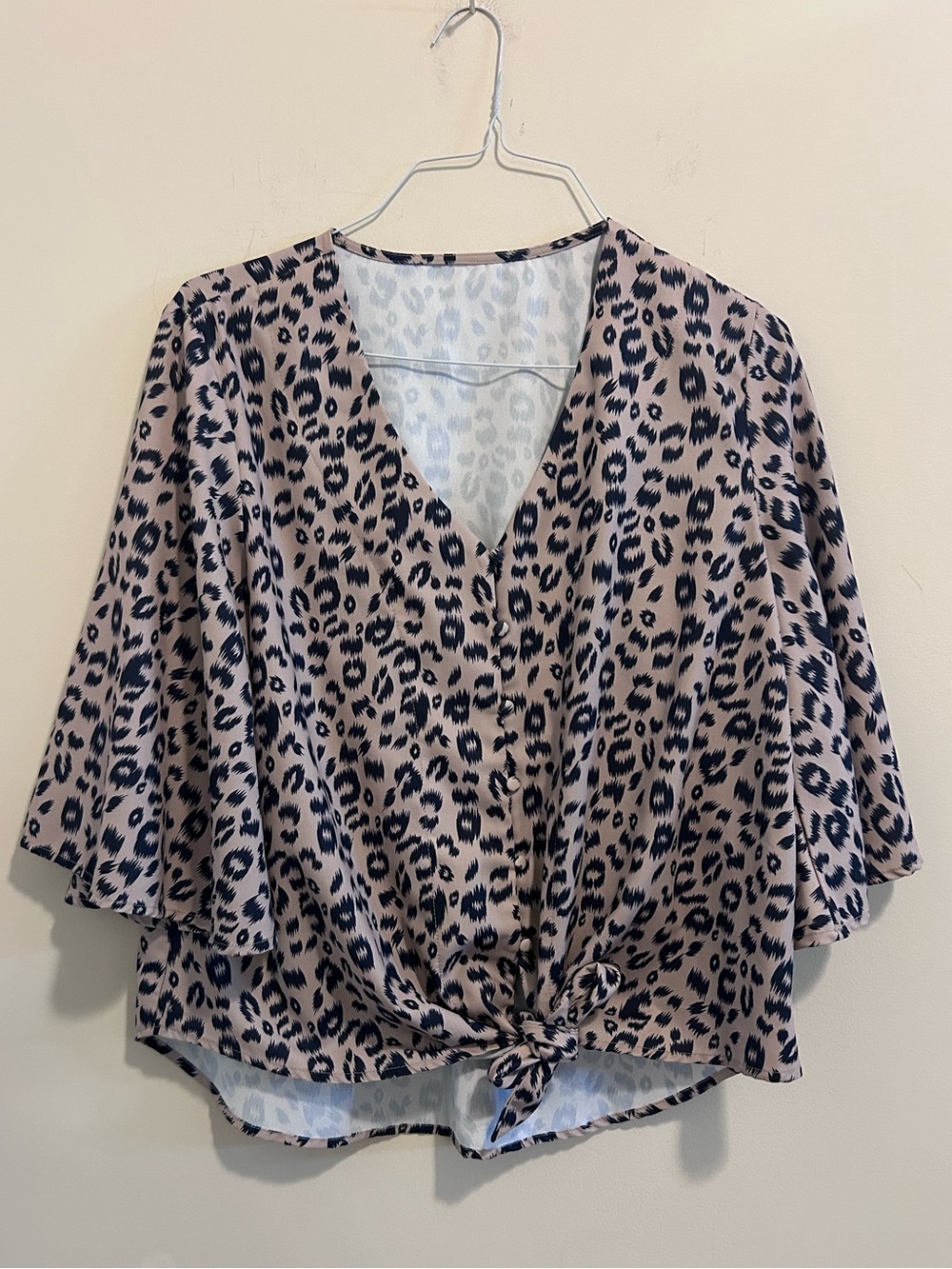 Leopard Print V-Neck Tie-Front Blouse - Taupe/Black